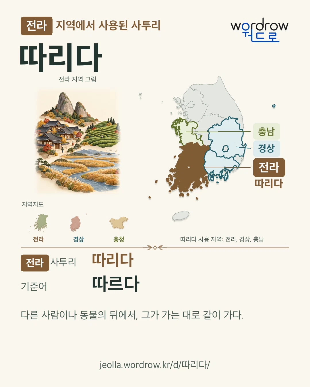 전라 지역에서 사용된 사투리 ‘따리다’. 기준어: 따르다. 기록 지역을 표시한 지역 그림과 지도 카드.