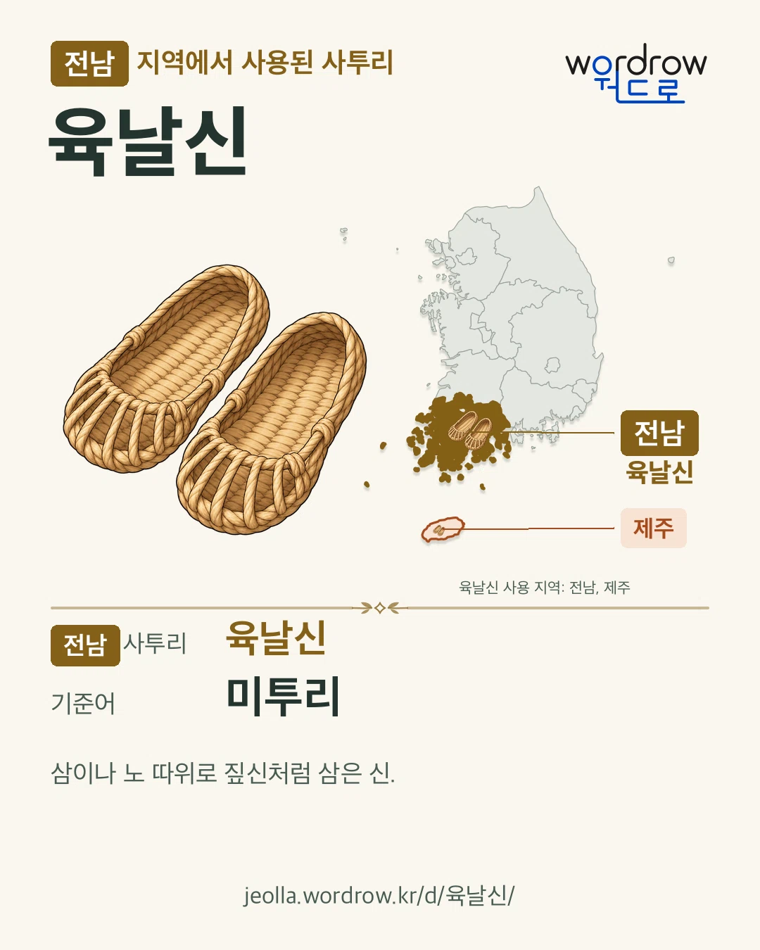 전남 지역에서 사용된 사투리 ‘육날신’. 기준어: 미투리. 기록 지역을 표시한 카툰 삽화와 지도 카드.