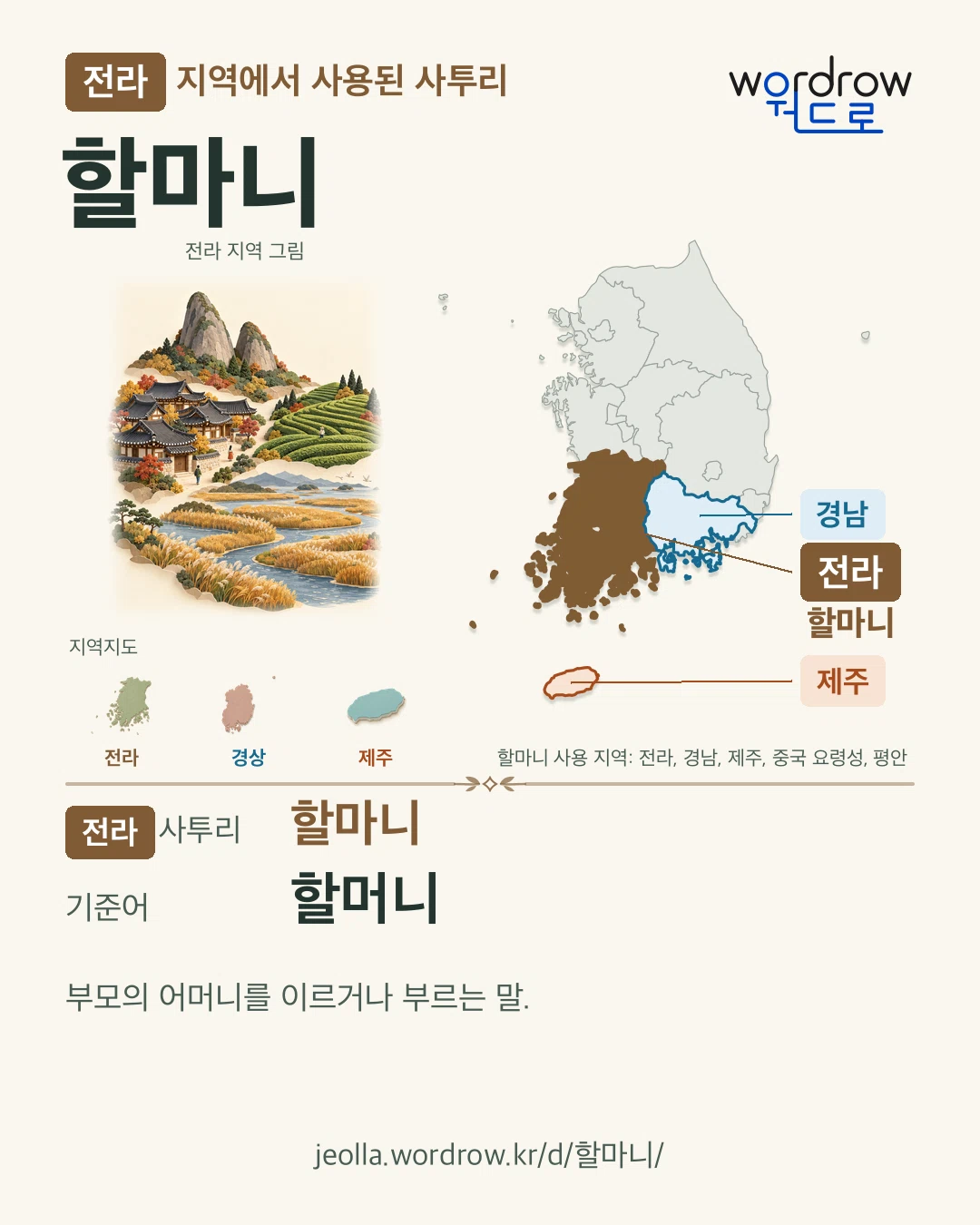 전라 지역에서 사용된 사투리 ‘할마니’. 기준어: 할머니. 기록 지역을 표시한 지역 그림과 지도 카드.