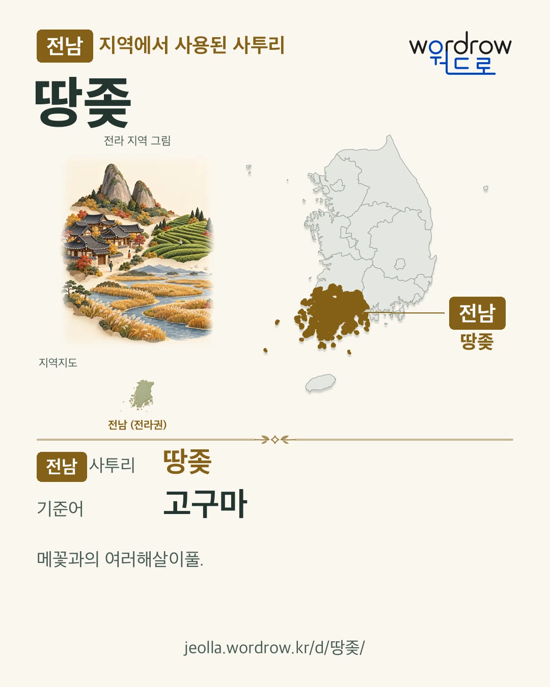전남 지역에서 사용된 사투리 ‘땅좆’. 기준어: 고구마. 기록 지역을 표시한 지역 그림과 지도 카드.