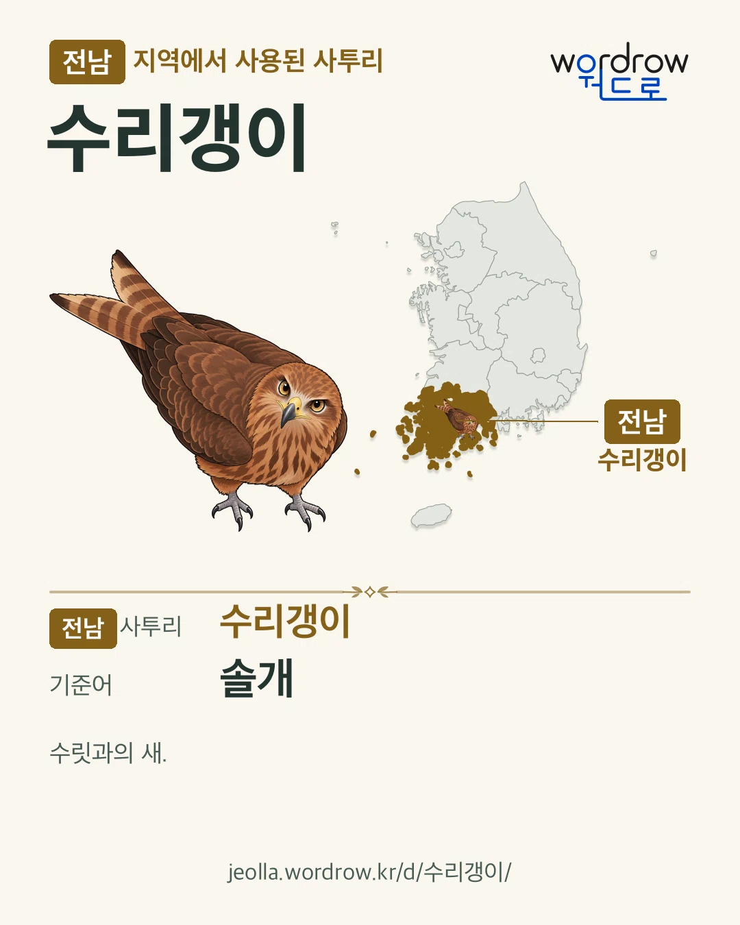 전남 지역에서 사용된 사투리 ‘수리갱이’. 기준어: 솔개. 기록 지역을 표시한 카툰 삽화와 지도 카드.