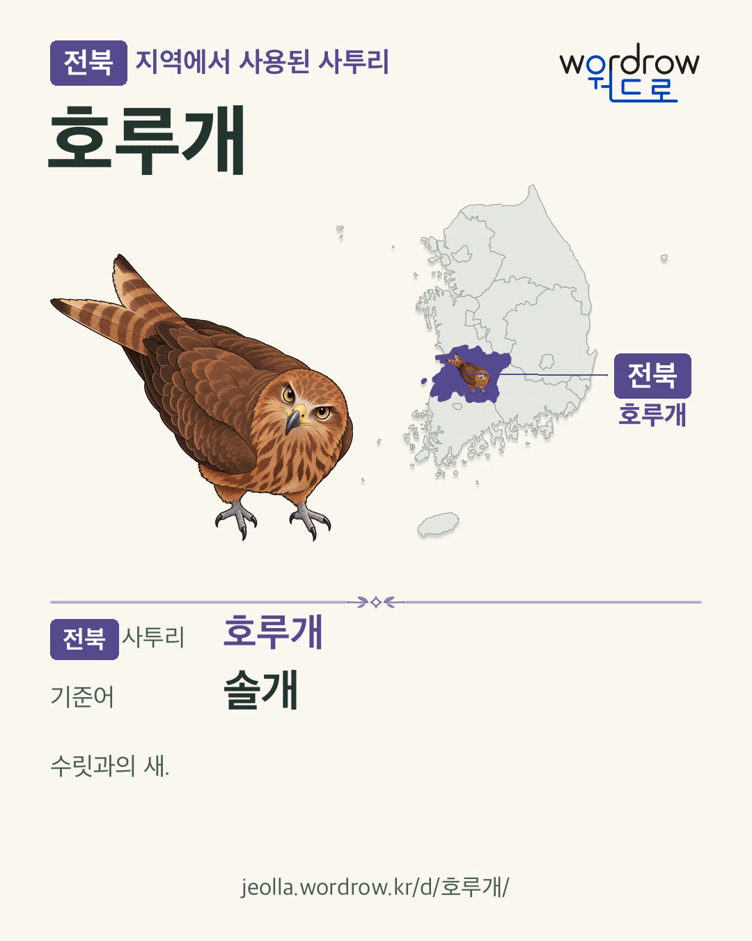 전북 지역에서 사용된 사투리 ‘호루개’. 기준어: 솔개. 기록 지역을 표시한 카툰 삽화와 지도 카드.