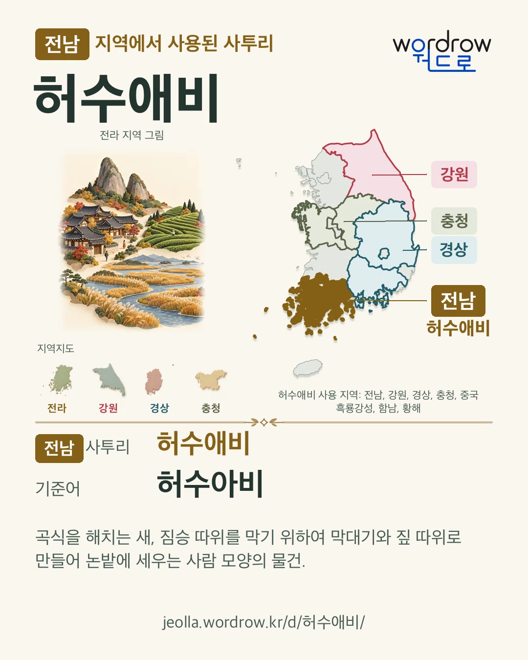 전남 지역에서 사용된 사투리 ‘허수애비’. 기준어: 허수아비. 기록 지역을 표시한 지역 그림과 지도 카드.