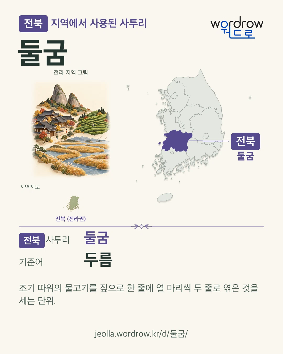 전북 지역에서 사용된 사투리 ‘둘굼’. 기준어: 두름. 기록 지역을 표시한 지역 그림과 지도 카드.