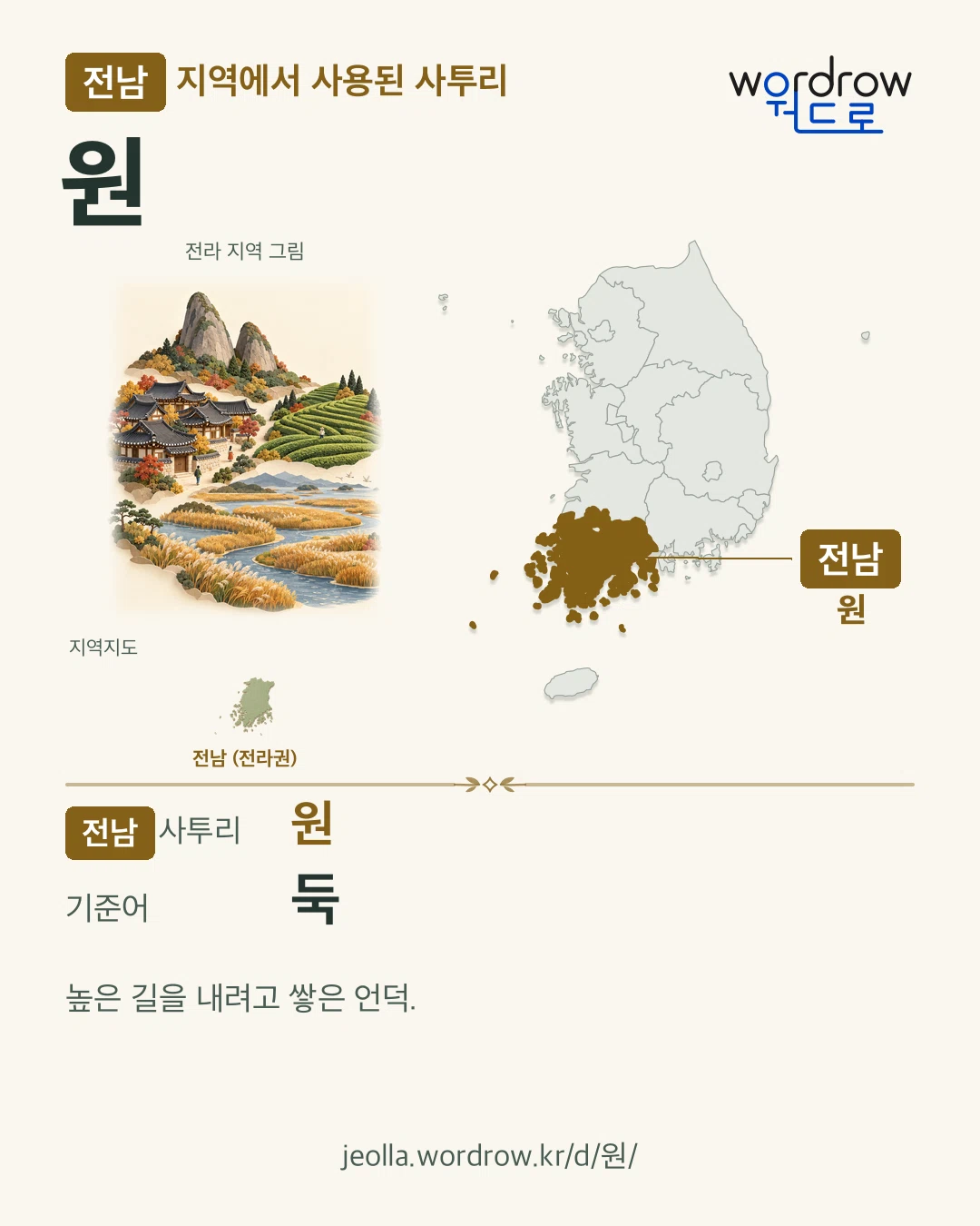 전남 지역에서 사용된 사투리 ‘원’. 기준어: 둑. 기록 지역을 표시한 지역 그림과 지도 카드.
