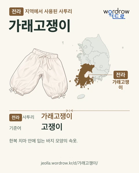 전라 지역에서 사용된 사투리 ‘가래고쟁이’. 기준어: 고쟁이. 기록 지역을 표시한 카툰 삽화와 지도 카드.