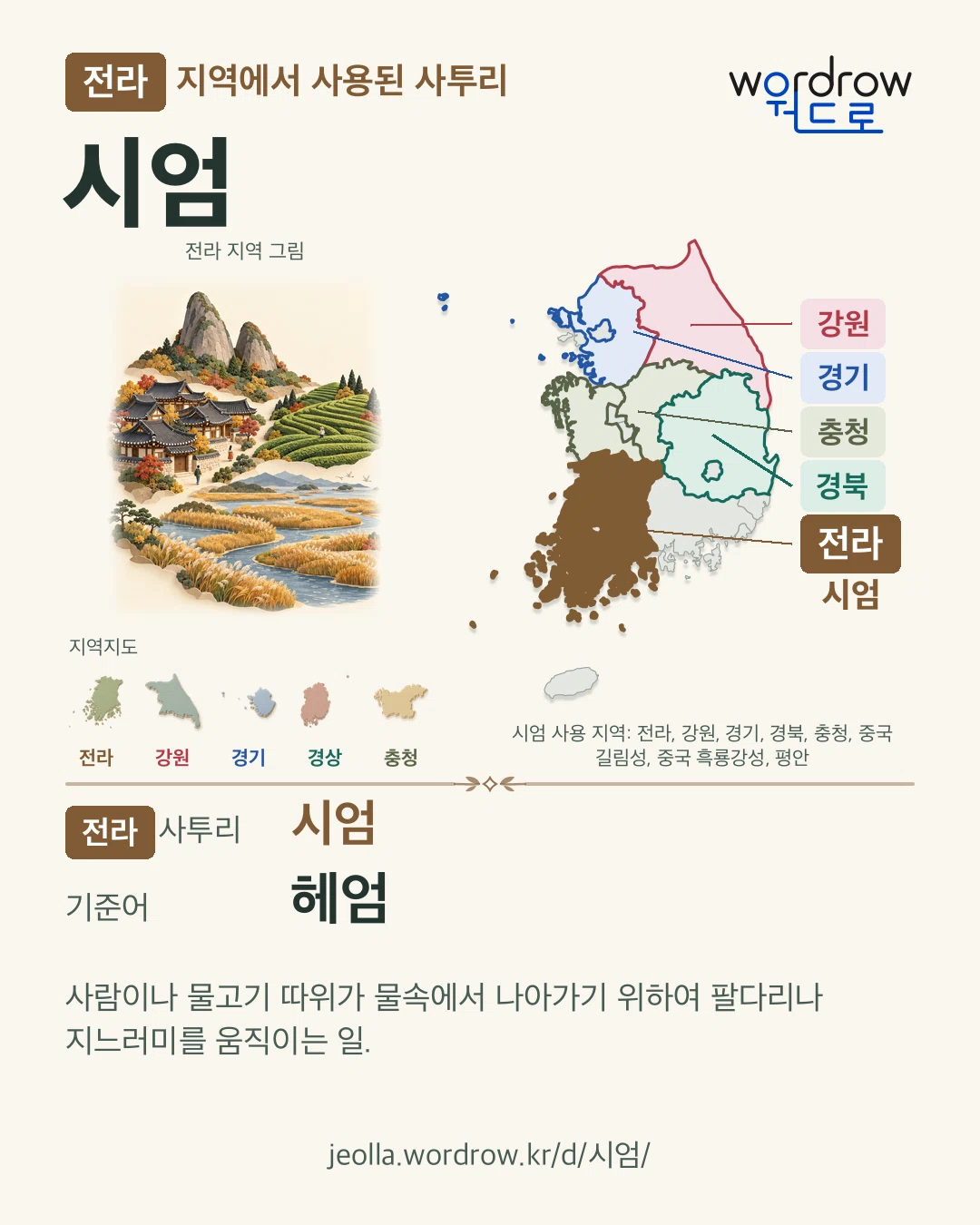 전라 지역에서 사용된 사투리 ‘시엄’. 기준어: 헤엄. 기록 지역을 표시한 지역 그림과 지도 카드.