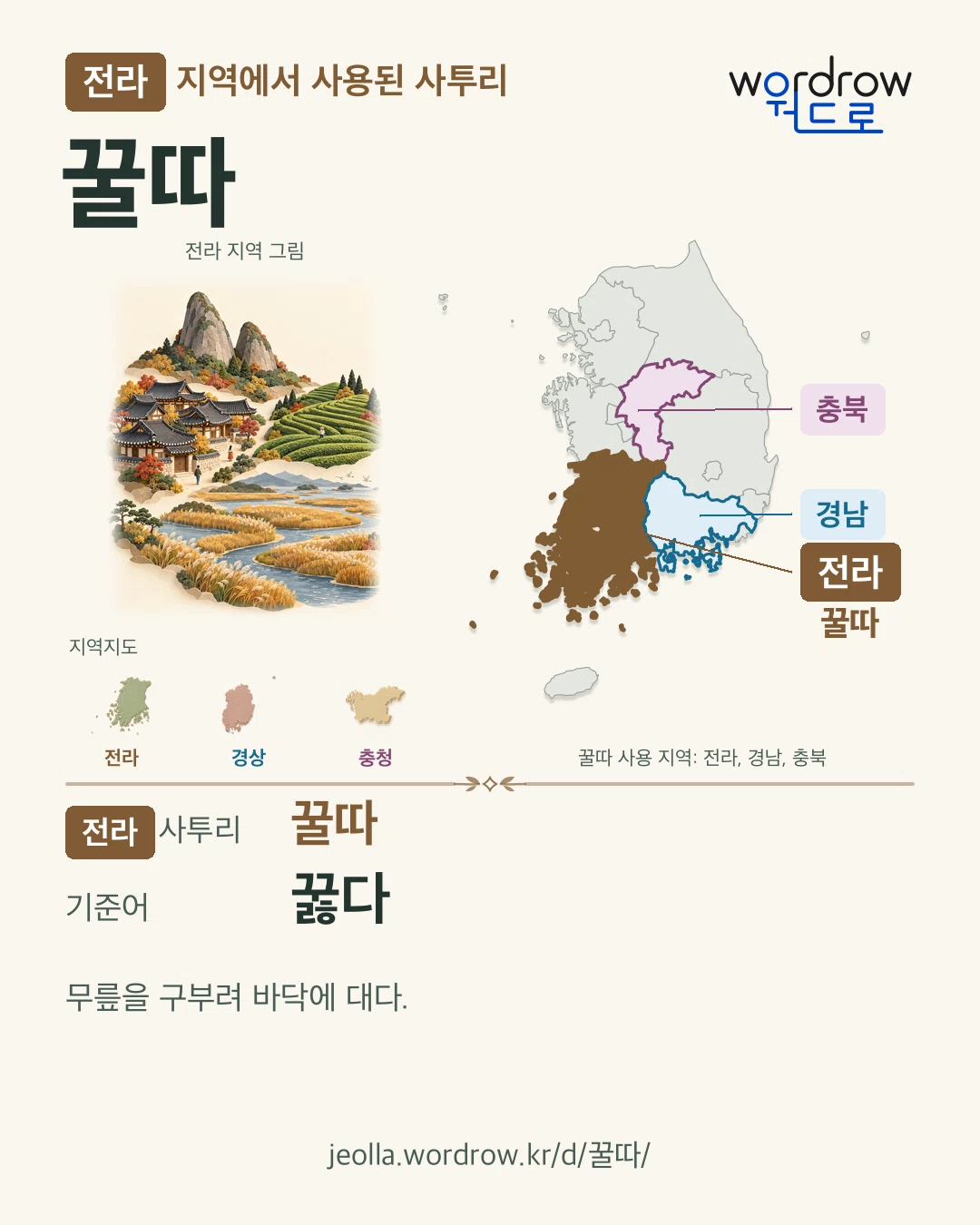 전라 지역에서 사용된 사투리 ‘꿀따’. 기준어: 꿇다. 기록 지역을 표시한 지역 그림과 지도 카드.