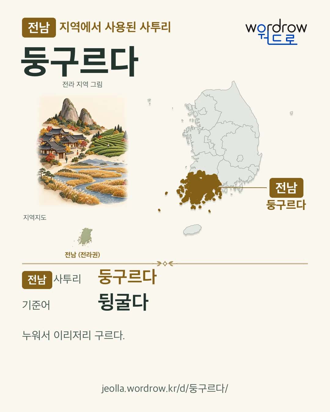 전남 지역에서 사용된 사투리 ‘둥구르다’. 기준어: 뒹굴다. 기록 지역을 표시한 지역 그림과 지도 카드.