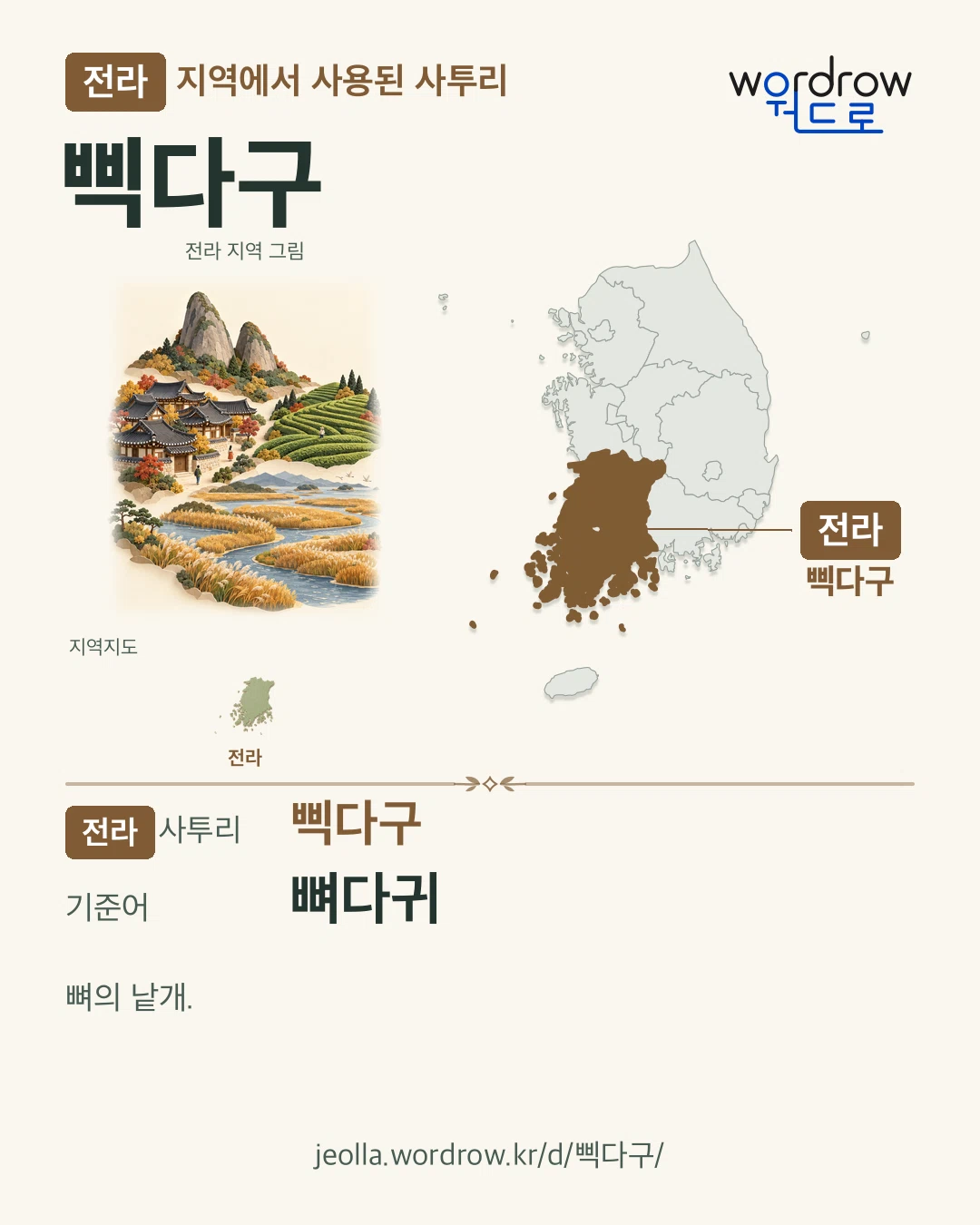 전라 지역에서 사용된 사투리 ‘삑다구’. 기준어: 뼈다귀. 기록 지역을 표시한 지역 그림과 지도 카드.