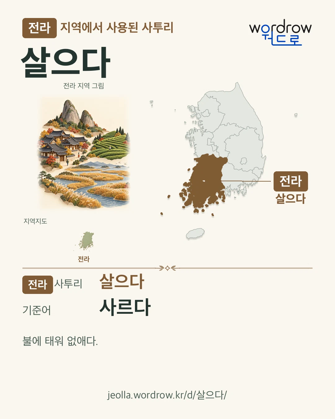 전라 지역에서 사용된 사투리 ‘살으다’. 기준어: 사르다. 기록 지역을 표시한 지역 그림과 지도 카드.