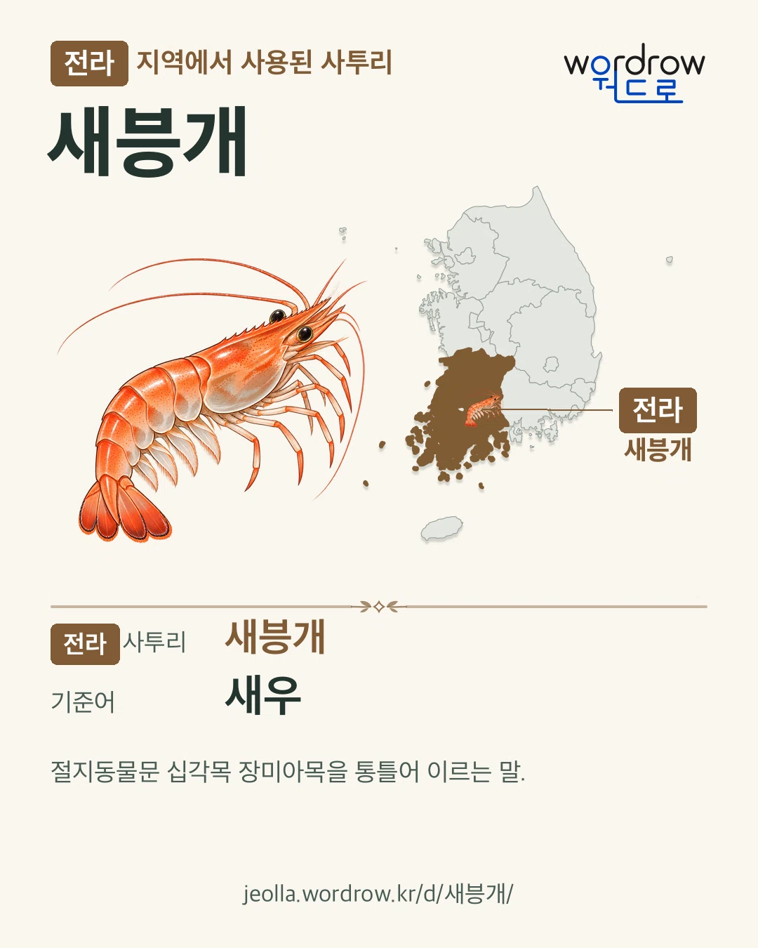 전라 지역에서 사용된 사투리 ‘새븡개’. 기준어: 새우. 기록 지역을 표시한 카툰 삽화와 지도 카드.