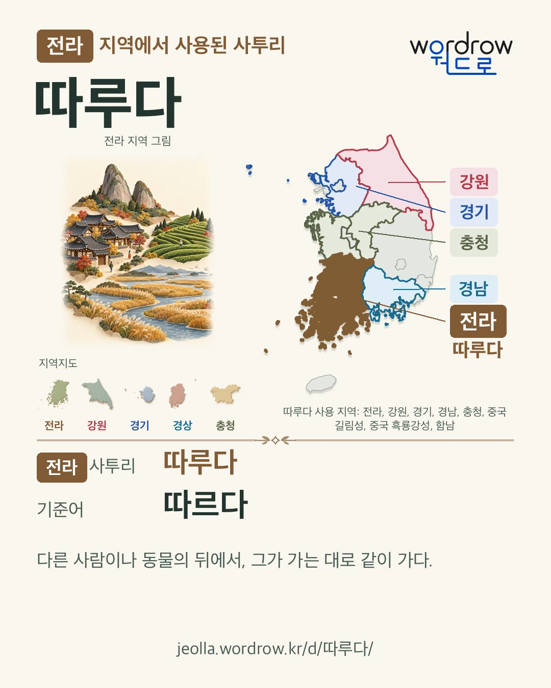 전라 지역에서 사용된 사투리 ‘따루다’. 기준어: 따르다. 기록 지역을 표시한 지역 그림과 지도 카드.